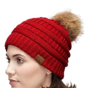 Woman Winter Red Beanie CC Faux Fur Pom Pom Ball F
